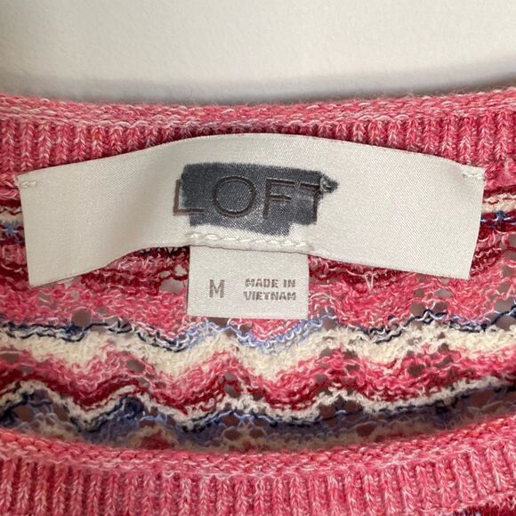 Loft Red and Pink Striped Knit Top Scalloped Trim Size Medium - Picture 4 of 5